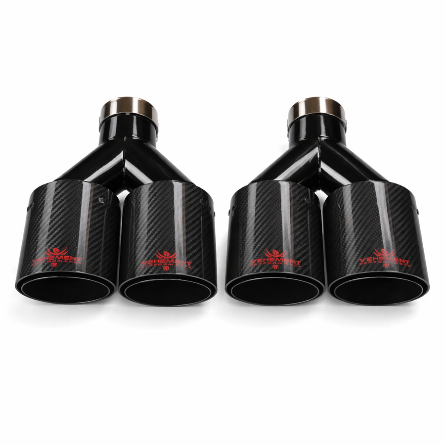 TIPS DUBLU ORNAMENT TOBA - EVACUARE DIN CARBON SI INOX NEGRU LOGO ROSU 2x89MM, INTRARE 63MM, LUCIOS