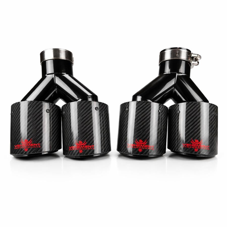 TIPS DUBLU ORNAMENT TOBA - EVACUARE DIN CARBON SI INOX NEGRU LOGO ROSU 2x76MM, INTRARE 63MM, LUCIOS