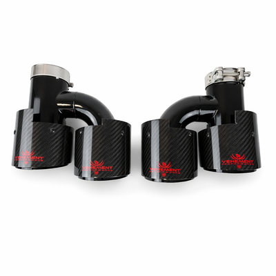 TIPS DUBLU FORMA "H" ORNAMENT TOBA - EVACUARE DIN CARBON SI INOX NEGRU LOGO ROSU 2x101MM, INTRARE 63MM, LUCIOS