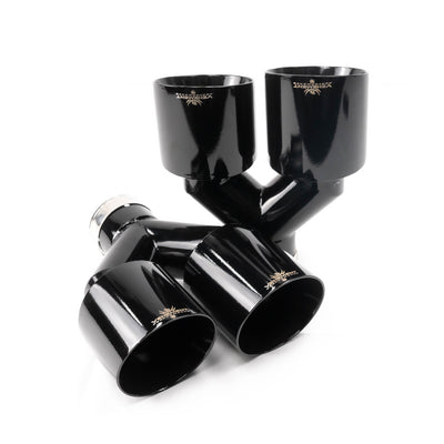 TIPS DUBLU ORNAMENT TOBĂ - EVACUARE DIN INOX NEGRU 2x76MM, INTRARE 63MM, LUCIOS