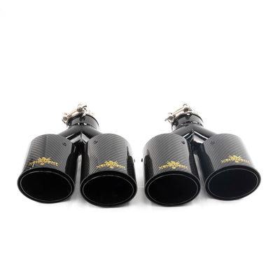 TIPS DUBLU ORNAMENT TOBA - EVACUARE DIN CARBON SI INOX NEGRU LOGO GOLD 2x101MM, INTRARE 76MM, LUCIOS